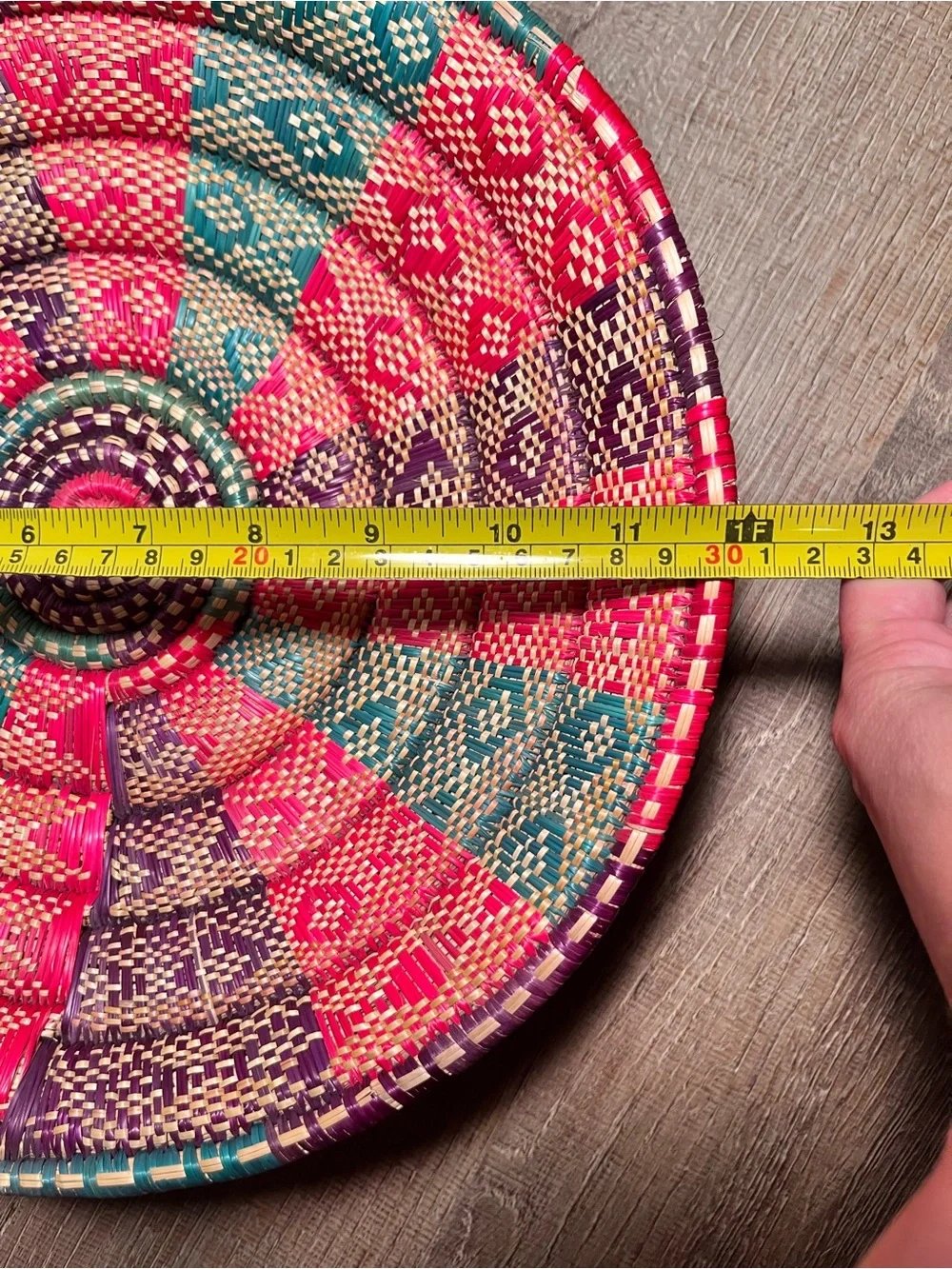 Woven raffia basket geometric pattern pink teal purple Ethiopian style 12”